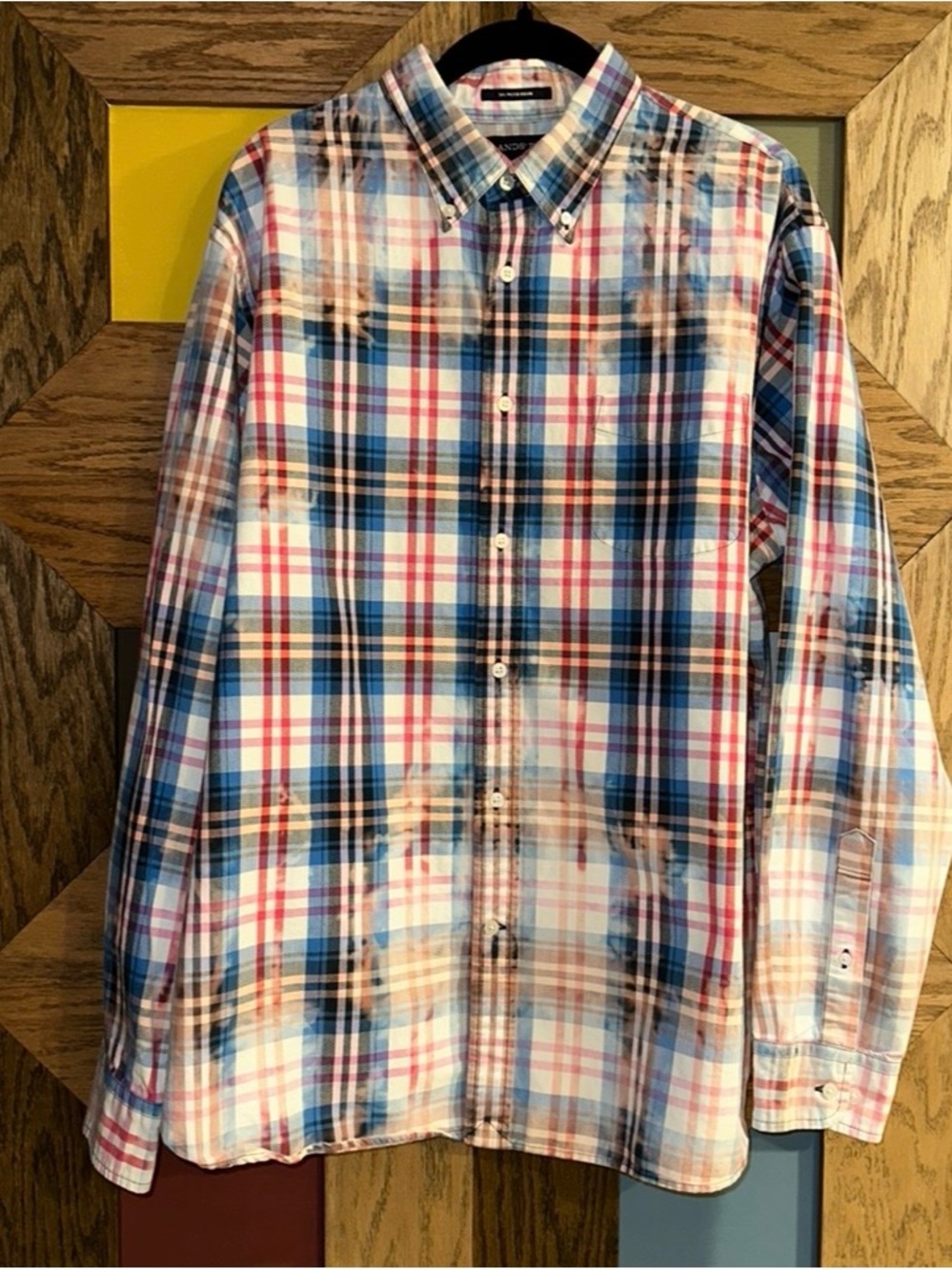Upcycle Plaid Shirt Pink Floyd Lands End Oxford Distressed Men’s Button Up Sz L - Picture 2 of 8